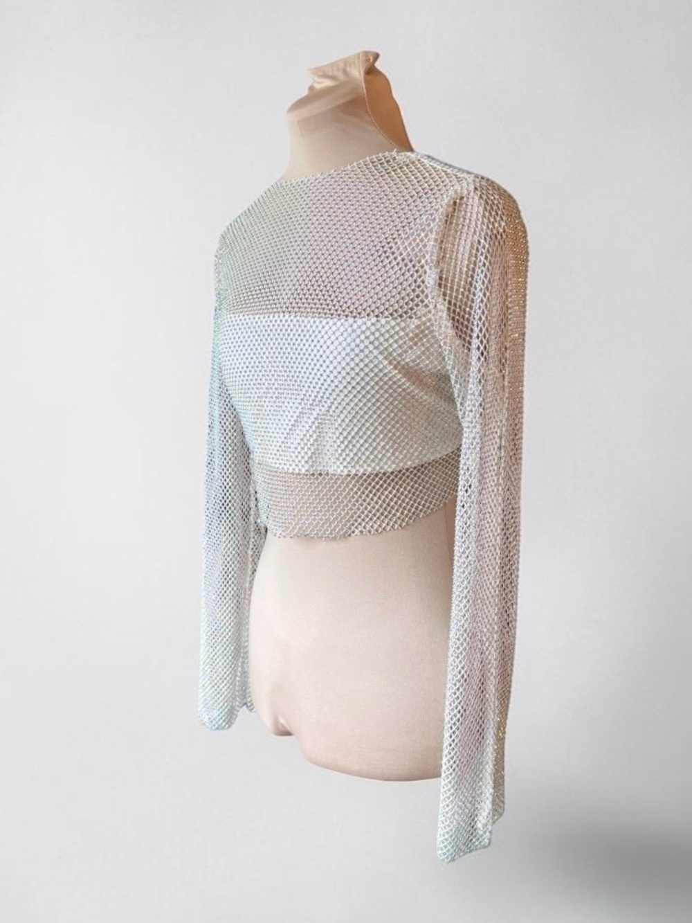 NWT Da Veamor Rhinestone Mesh Long Sleeve Crop Top Size M
